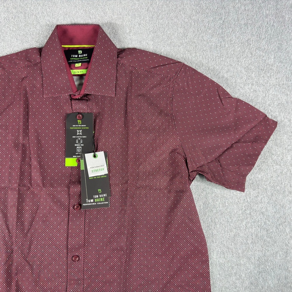 Tom Baine Mens Slim Fit Shirt M Burgundy Short Sleeve Stretch NWT